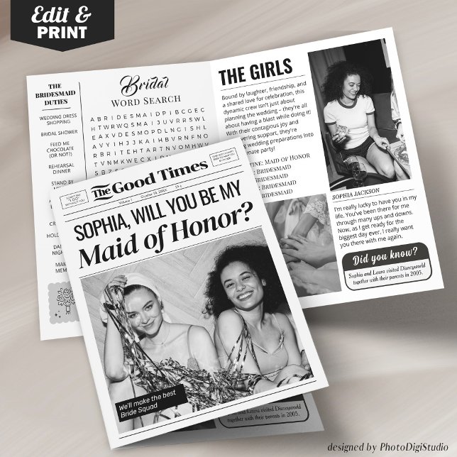 Tarjeta de propuesta de dama de honor de periódico (Fun Wedding Newspaper Maid of Honor Proposal Card)