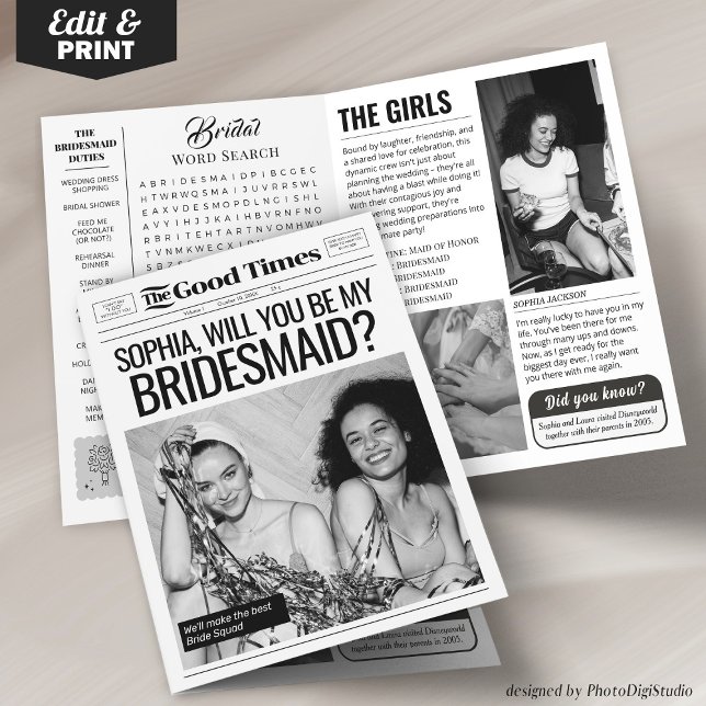 Tarjeta de propuesta de dama de honor en periódico (Editable Bridesmaid Proposal 4 pages, Custom Bridesmaid Newspaper )