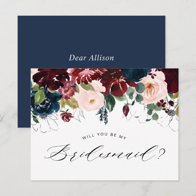 tarjeta de propuesta de dama de honor floral azul  (Anverso / Reverso)