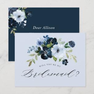 tarjeta de propuesta de dama de honor floral azul