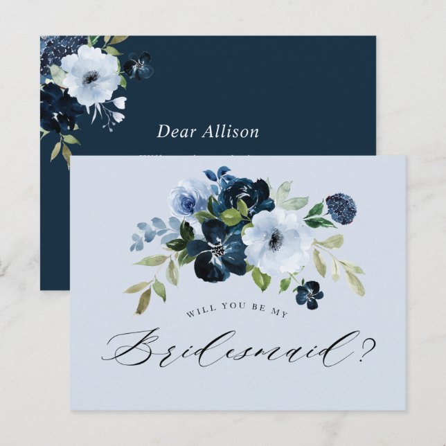 tarjeta de propuesta de dama de honor floral azul  (Anverso / Reverso)