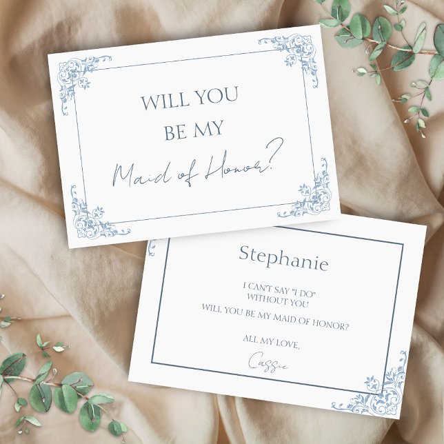 Tarjeta de propuesta de doncella de honor azul y b (elegant blue and white vintage minimalist will you be my maid of honor bridal proposal for matrons)