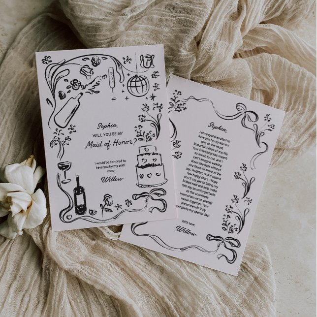 Tarjeta de propuesta de doncella de honor dibujada (Maid of Honor Proposal Card)
