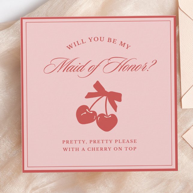 Tarjeta de propuesta de doncella de honor para don (Say it with cherries! This playful maid of honor card is a sweet, fun way to pop the question.)