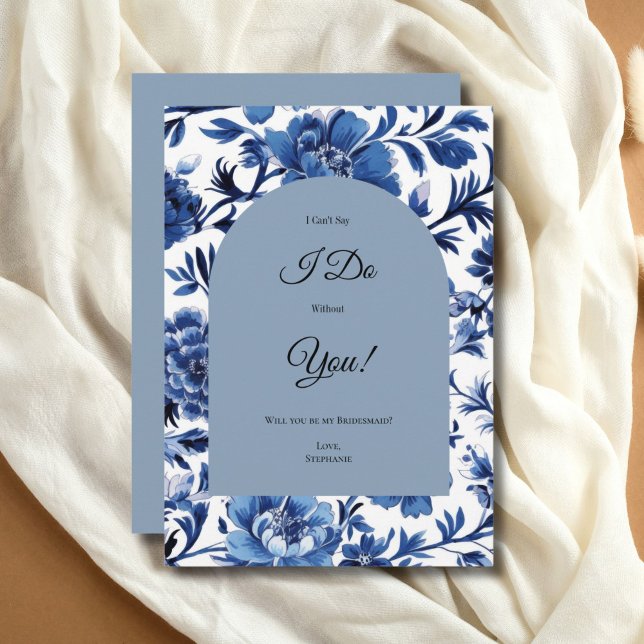 Tarjeta de propuesta de la dama de honor floral Bl (Blue Toile Chinoiserie Watercolor Floral Bridesmaid Maid of Honor Proposal card. Printed or Digital)