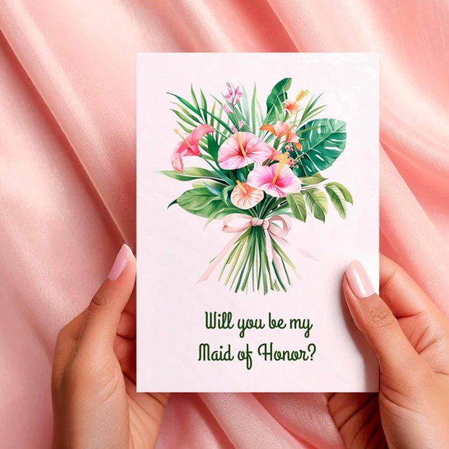 Tarjeta de propuesta de la fiesta de la boda de Bo (Pink Tropical Bouquet Wedding Party Proposal Card)