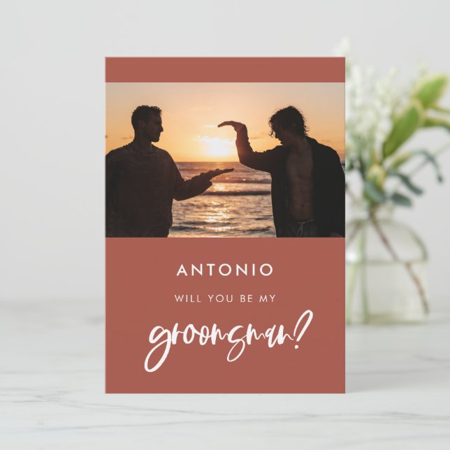 Tarjeta de propuesta de padrino de boda con ladril (Anverso de pie)