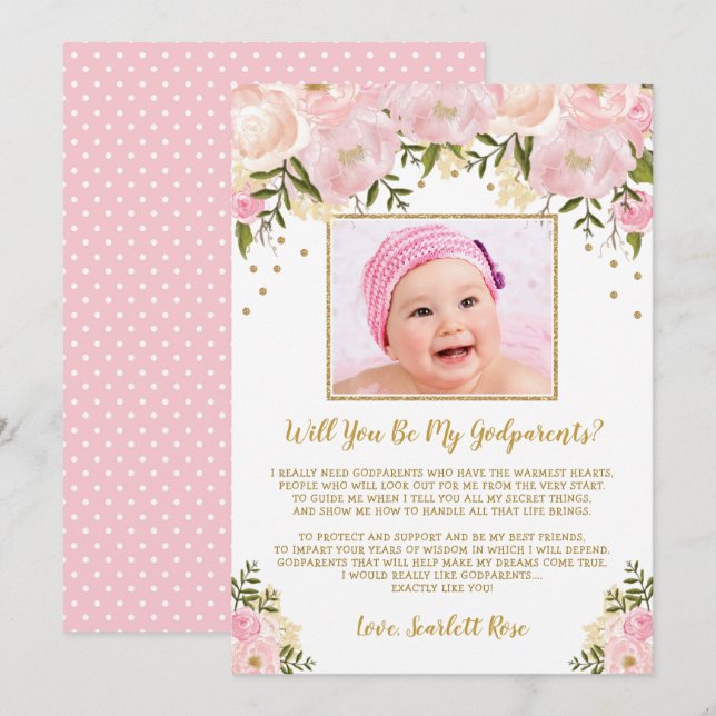 Tarjeta de propuesta de padrinos florales rosados  (Anverso / Reverso)