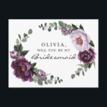 Tarjeta de propuesta de Plum Peonies Bridesmaid<br><div class="desc">Pon la pregunta con esta encantadora carta! Edite fácilmente el nombre y el mensaje en la parte posterior - después agregue al carro!

Vea toda la colección Plum Peonies para ver más elementos coincidentes.</div>