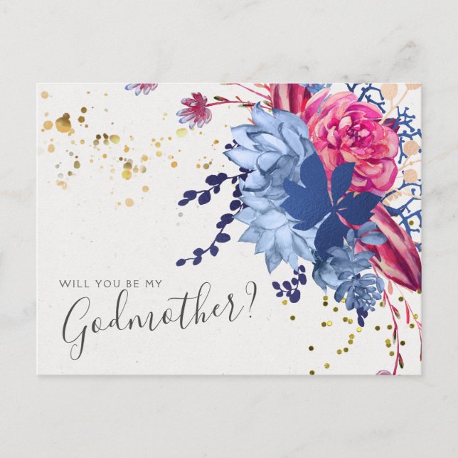 Tarjeta de propuesta Floral Azul Rosa Suculento Ma (Anverso)