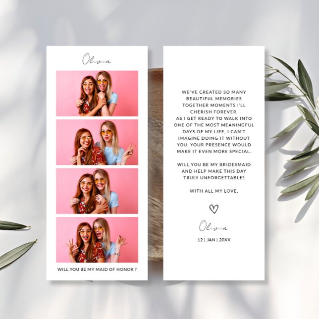 Tarjeta de propuesta para la dama de honor de la f (Photo Strip 4 Pictures Bridesmaid Proposal Card)