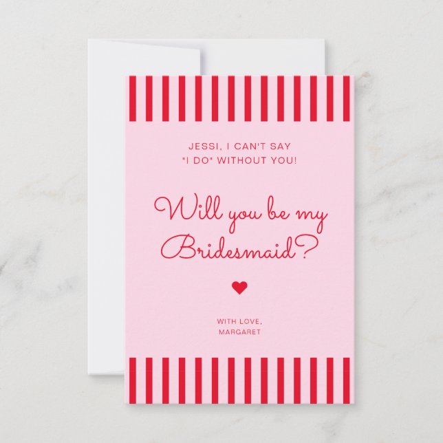 Tarjeta de propuesta Retro Red & Pink Strips Bride (Anverso)