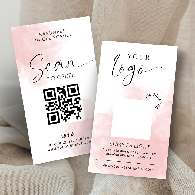 Tarjeta de prueba de aroma de vela Blush Pink Wate (Elegant scent tester card template with blush pink watercolor background)