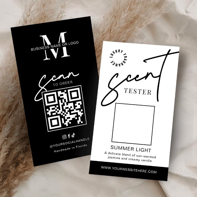 Tarjeta de prueba de aroma de vela de muestra de f (Minimalist scent sample cards in black and white with space for your logo and QR code)