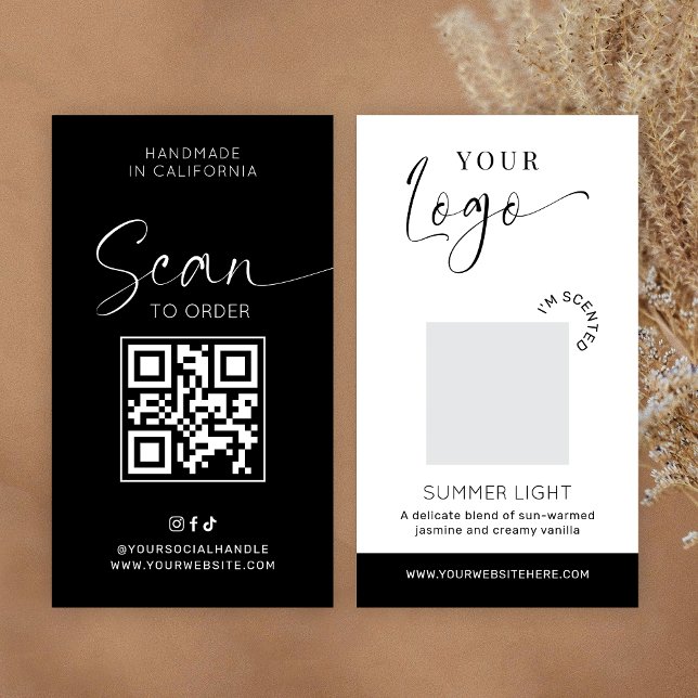 Tarjeta de prueba de aroma de vela Muestra de frag (Elegant modern scent sample cards in black and white with space for your logo and QR code)