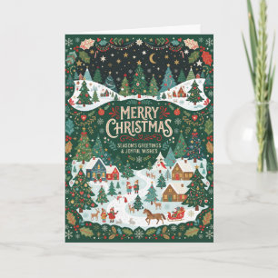 Tarjeta de pueblo costero navideño verde