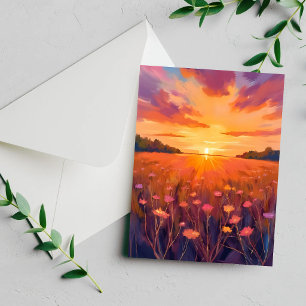 Tarjeta de puesta de sol en acuarela de campo de f