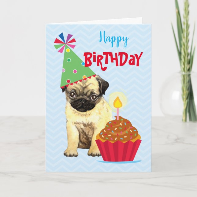 Tarjeta de pug de tarta de cumpleaños (Anverso)