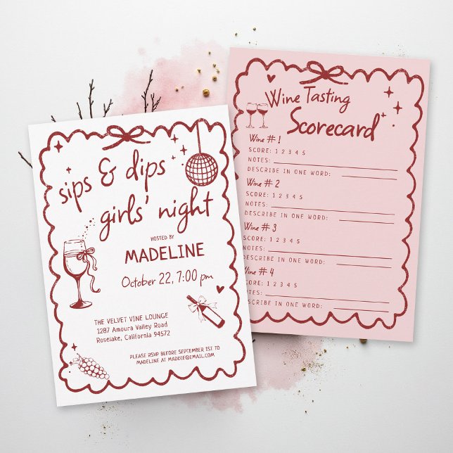 Tarjeta de puntuación de cata de vino para chicas  (winery girls night out invitation wine tasting scorecard red burgundy pink napa sonoma country)