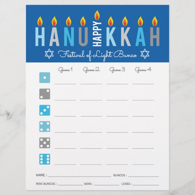 Tarjeta de puntuación de juego Hanukkah Bunco Fies (Anverso)