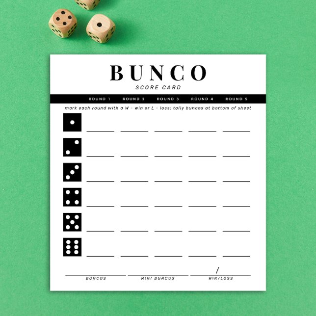 Tarjeta de puntuación simple de cuatro redondos en (black and white Bunco dice game score card)