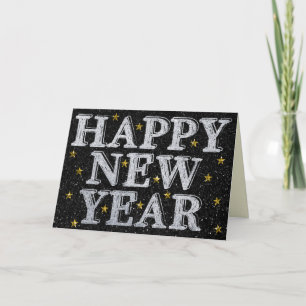 Tarjeta de purpurina de año nuevo feliz plateado y