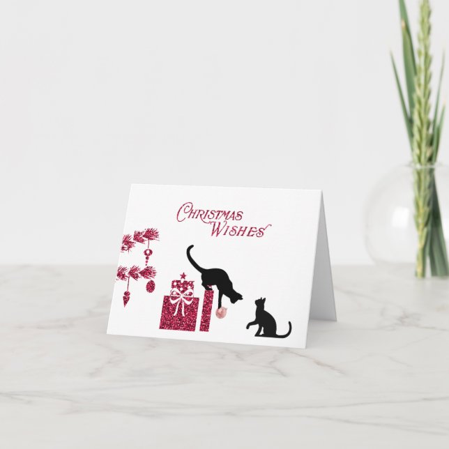 Tarjeta de Purpurina rosa retro y Navidades gatos  (Anverso)