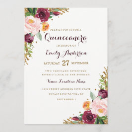 Tarjeta de Quinceañera con Brillo Floral Dorado Bo