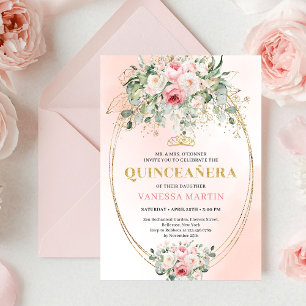 Tarjeta de Quinceañera de Rosa Dorado Pálido Román