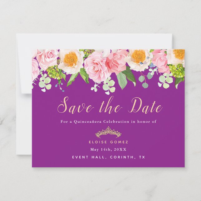 Tarjeta de Quinceañera Floral Royal Purple para Gu (Anverso)