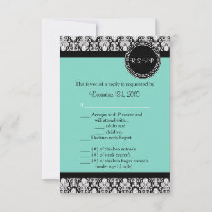 Tarjeta de R.S.V.P. 3.5x5 Damask Teal y Negro