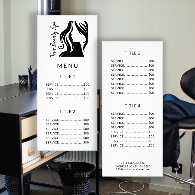 Tarjeta de rack del menú del salón blanco del logo (Subido por el creador)