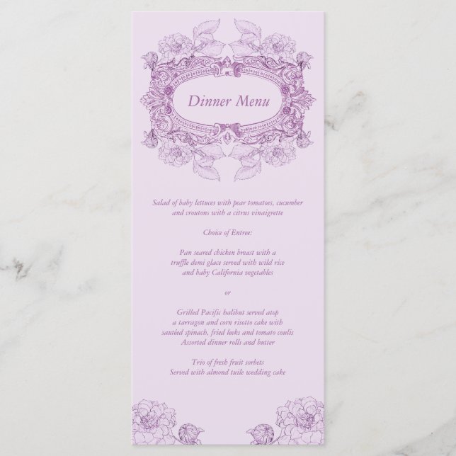 Tarjeta de rack del menú Lilac del marco antiguo