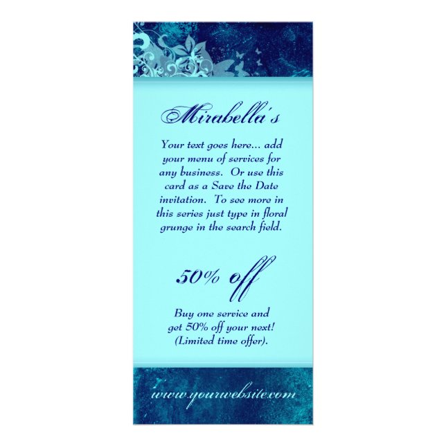 Tarjeta de rack Floral Grunge Salon Spa Blue Page  (Frente)