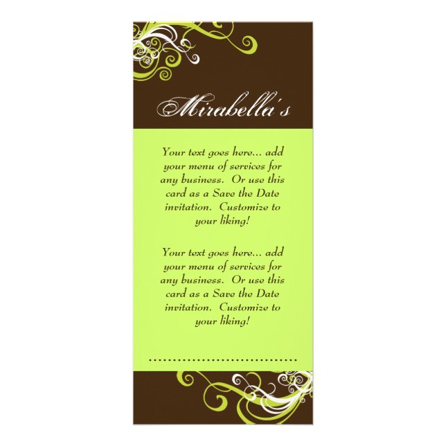 Tarjeta de rack Swirl Salon Spa Lime Green Brown (Frente)