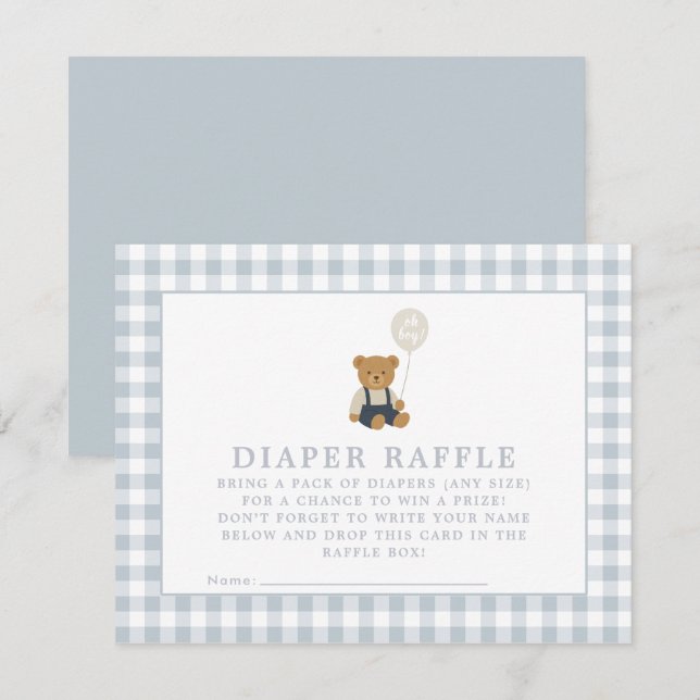 Tarjeta de raffre de pañales Blue Gingham Teddy Be (Anverso / Reverso)