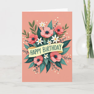 Tarjeta de ramo de cumpleaños rosa coral