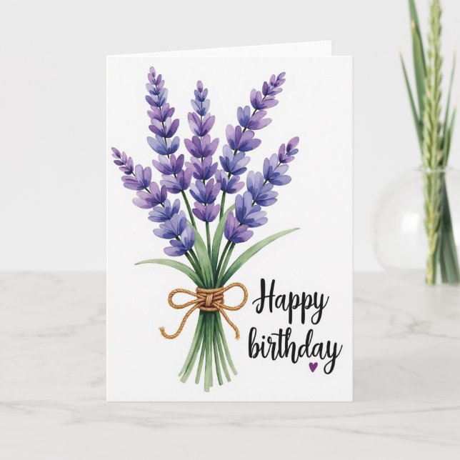 Tarjeta de ramo de lavanda suave para cumpleaños (Anverso)