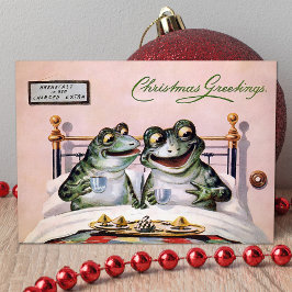 Tarjeta de ranas vintage en Navidades de cama