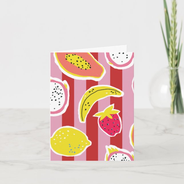 tarjeta de raya roja y rosa con frutas tropicales (Anverso)
