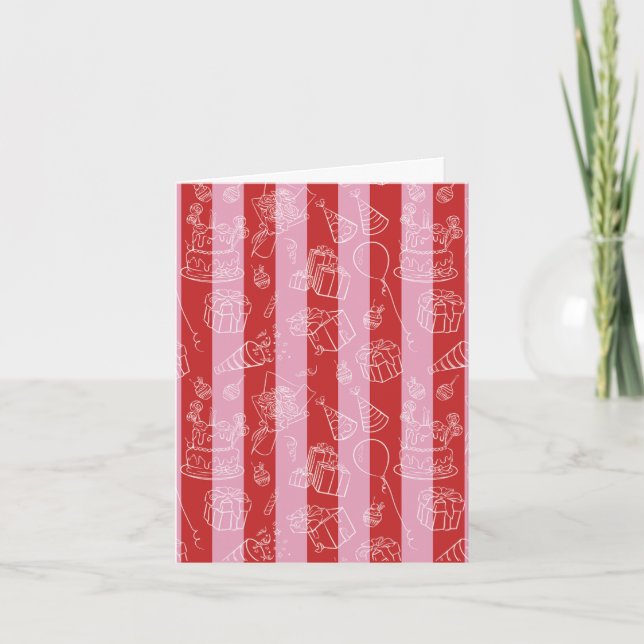 Tarjeta de rayas rojas y rosadas con dibujos de fi (Anverso)