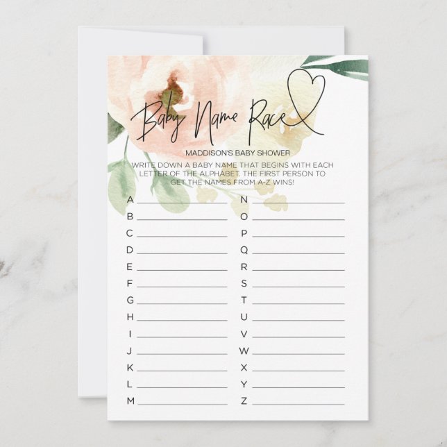 Tarjeta de raza con nombre de bebé de juego floral (Anverso)