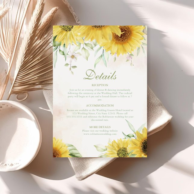 Tarjeta de recalentamiento de detalles de flor de  (Rustic Sunflower Delight Details Enclorsure Card on a boho sunny table.)