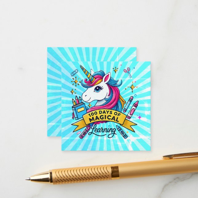 Tarjeta De Recepción 100 días de aprendizaje mágico escolar Unicornio (Anverso/Reverso In Situ)