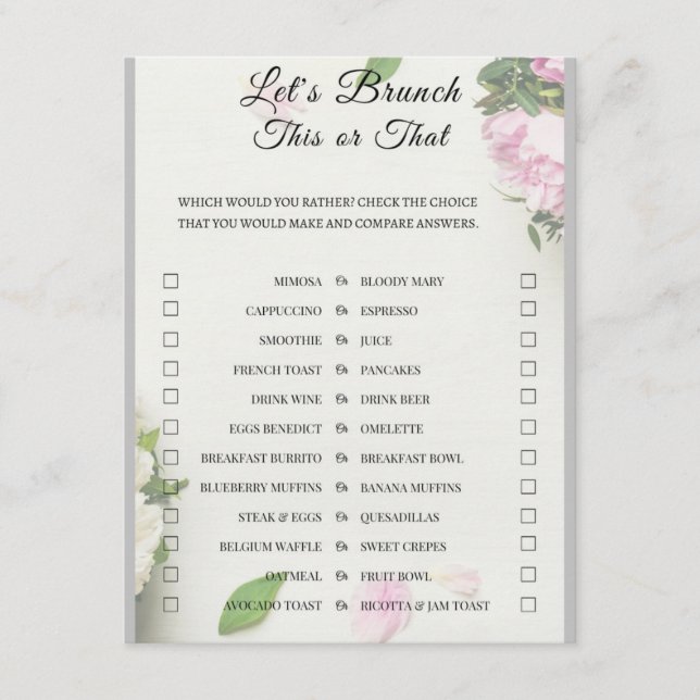 Tarjeta De Recepción 2 en 1 juego de ducha de Brunch de novia (Anverso)