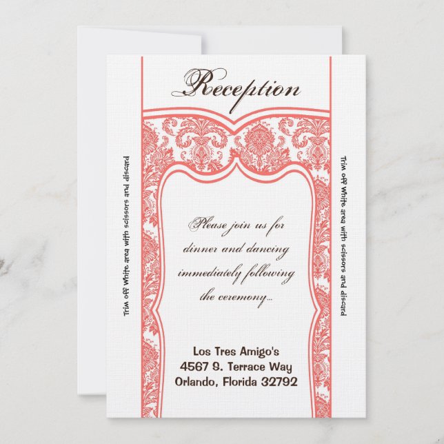 Tarjeta de recepción 3.5x7 Coral Blanco Damask (Anverso)