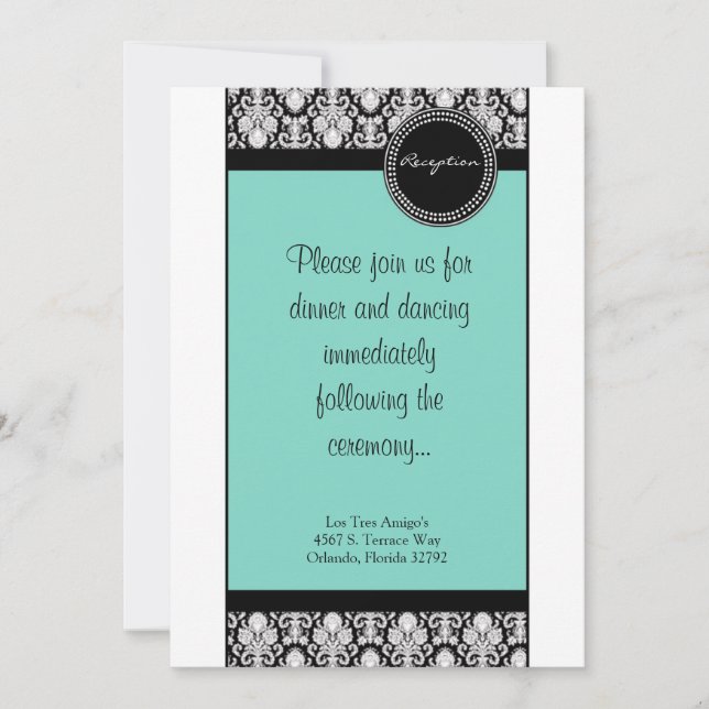 Tarjeta de recepción 3.5x7 Damask Teal y negro (Anverso)