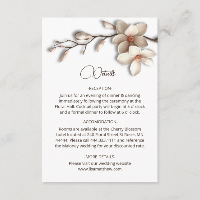 Tarjeta De Recepción 3D Magnolia Flowers White Details Enclosure Card (Anverso)