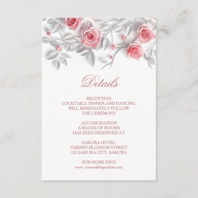 Tarjeta De Recepción 3D Sculptured Pink Roses White (Anverso)