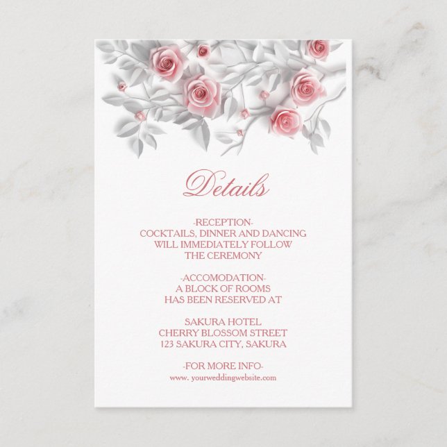 Tarjeta De Recepción 3D Sculptured Pink Roses White (Anverso)